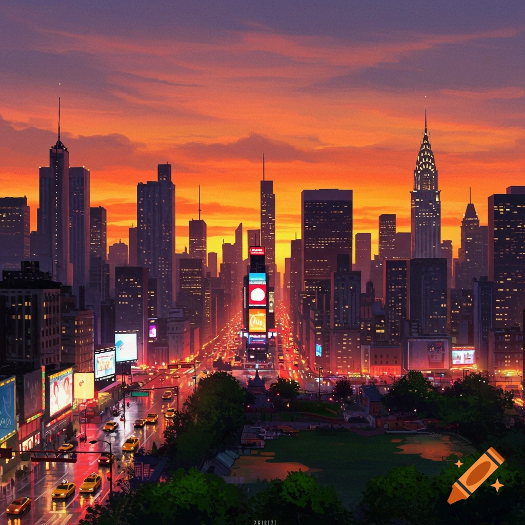 A vibrant New York City cityscape at sunset, with glowing billboards and busy streets.