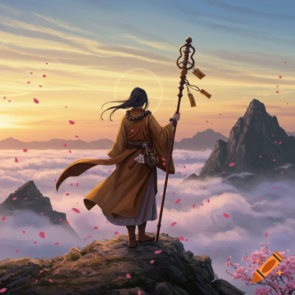 A lone monk in a golden robe stands on a mountain peak, staff in hand, overlooking a cloudy landscape at sunset with cherry blossom petals.