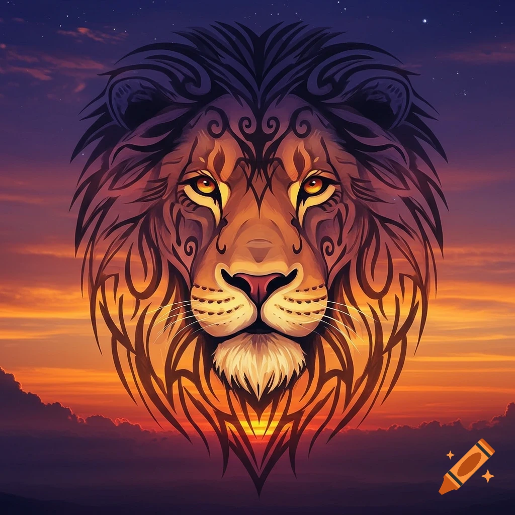 Stylized lion head with intricate tribal patterns and glowing eyes, set against a vibrant sunset sky with stars beginning to appear.