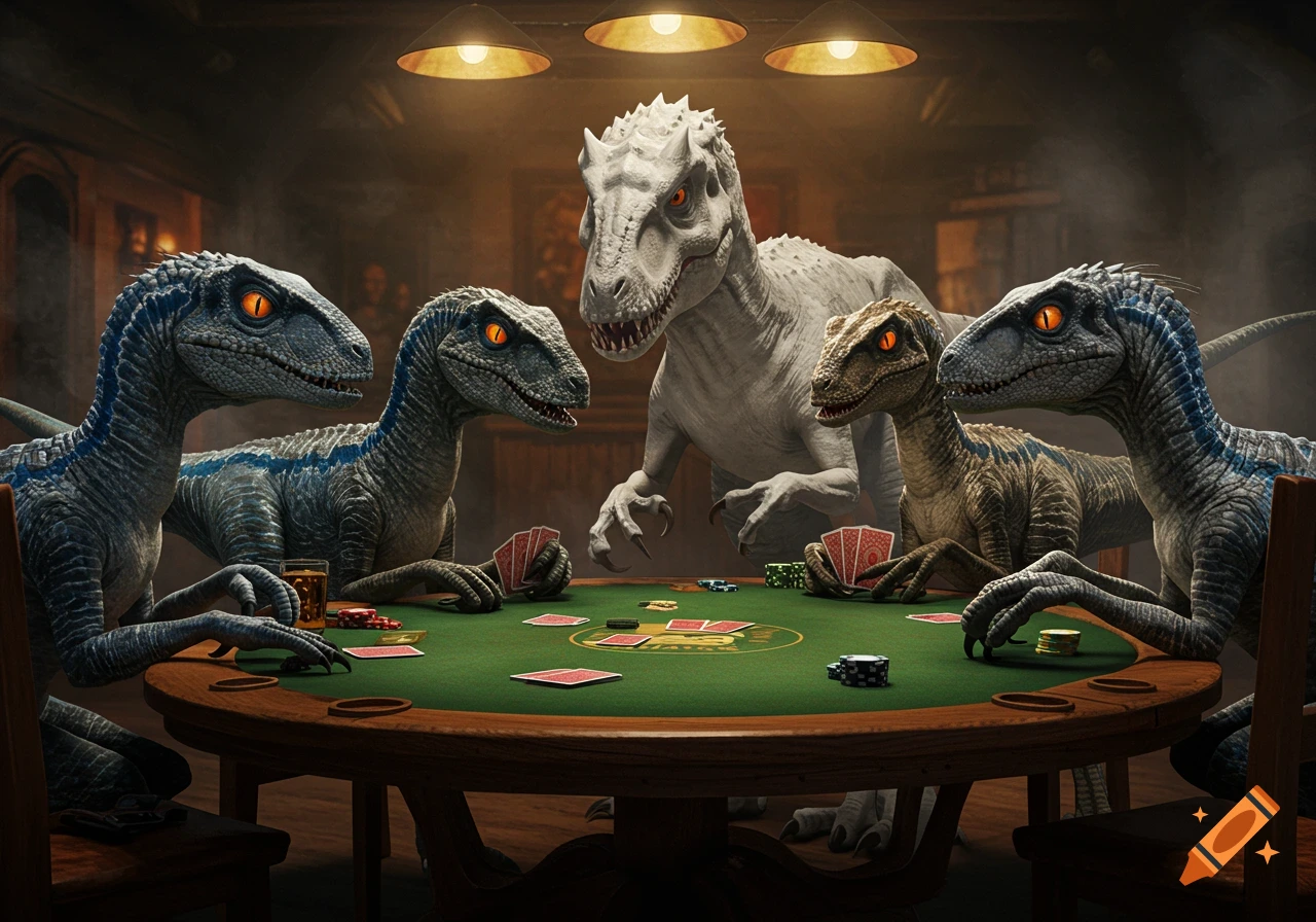 Photorealistic dinosaurs, including an Indominus Rex and velociraptors, play poker in a dimly lit room.