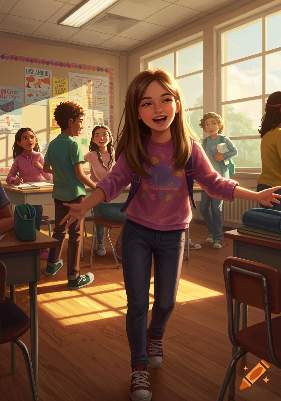 A cheerful brown-haired girl smiles widely, standing in a brightly lit classroom with other diverse students in an illustrative style.