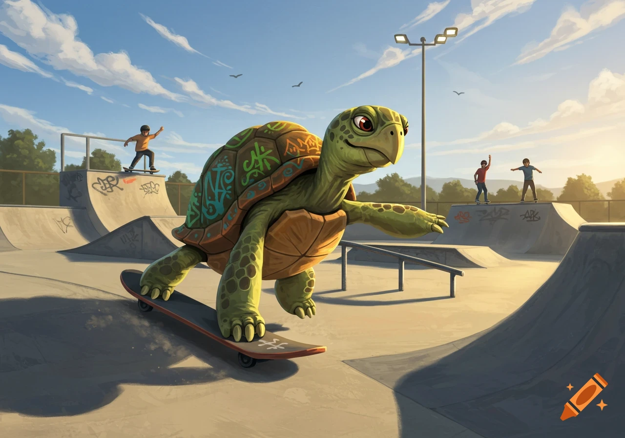 A cartoon turtle on a skateboard in a sunny skatepark, with children skateboarding in the background. Illustration style.