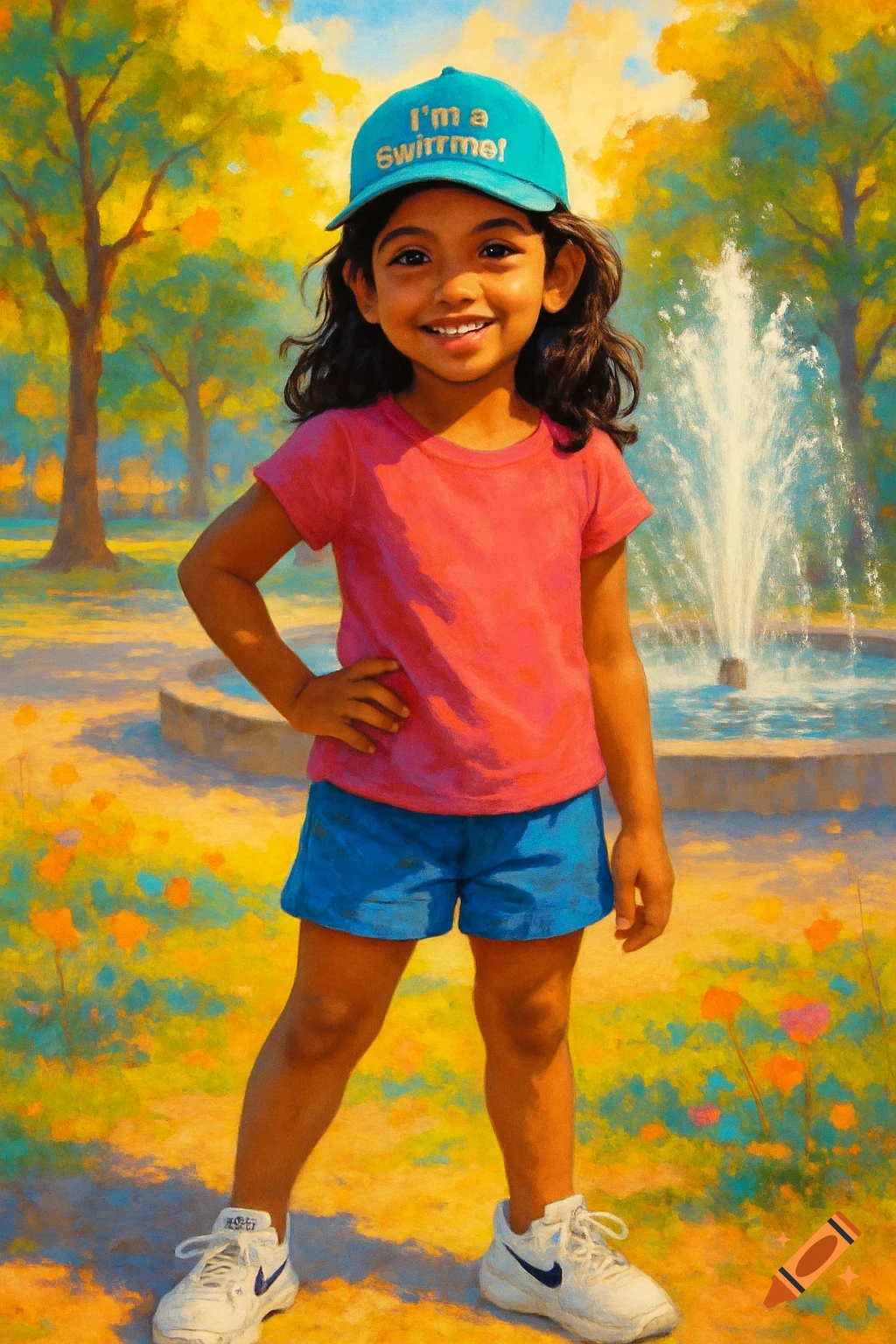 A young Indian girl with a bright smile stands in a park, wearing a pink top, blue shorts, white sneakers, and a blue cap that reads "I'm a Swirnme!", in a vibrant, painterly style.