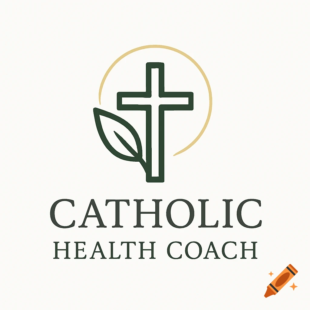 A logo featuring a green cross with a leaf, encircled by a gold arc, above the words 'CATHOLIC HEALTH COACH' on a white background.