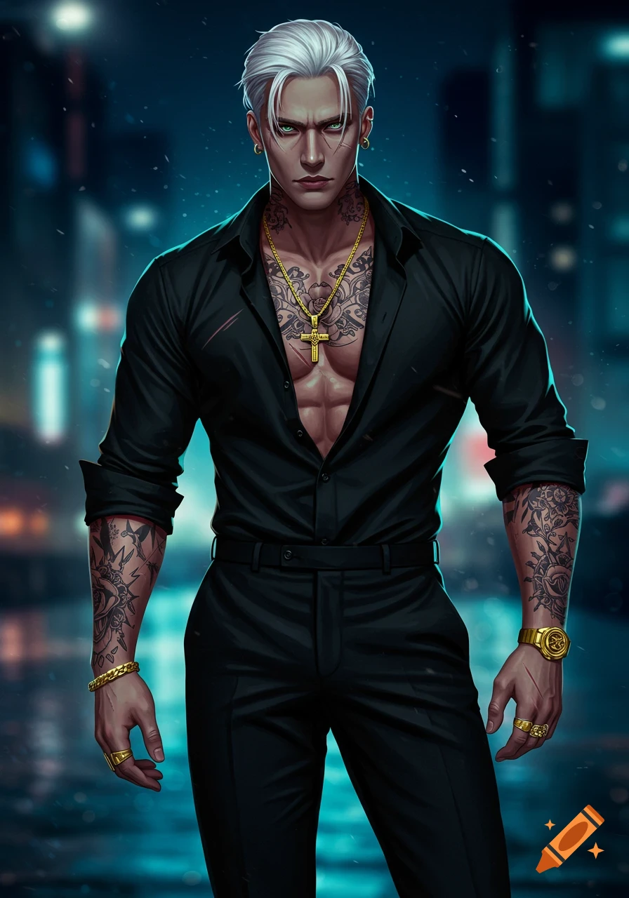 A muscular man with white-blonde hair, green eyes, tattoos, scars, and gold jewelry, wearing a black shirt and pants, stands in a stylized urban setting at night.