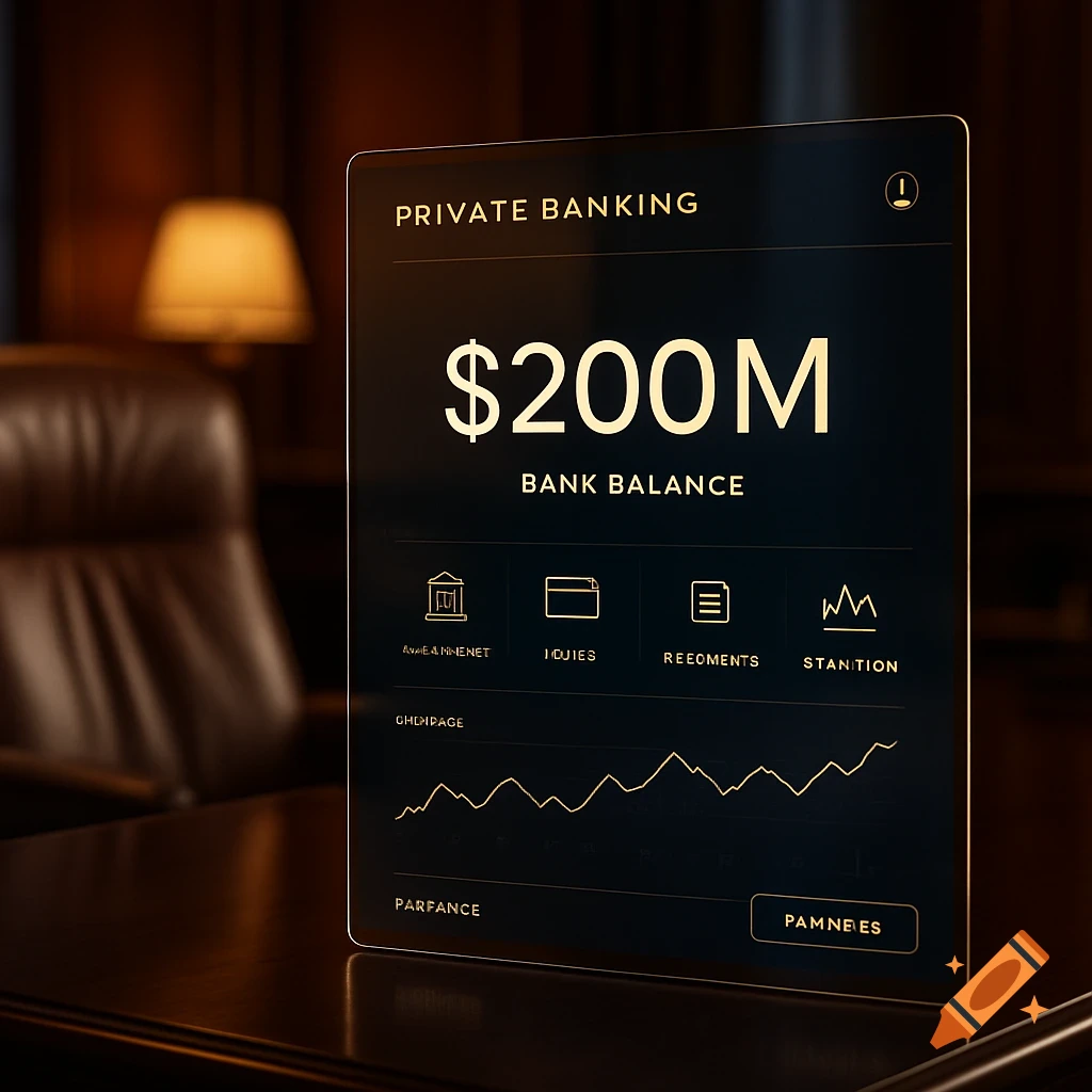 A close-up shot of a transparent digital screen displaying a 'Private Banking' interface with a large '$200M BANK BALANCE' and various banking icons and a graph, set in a luxurious office environment.