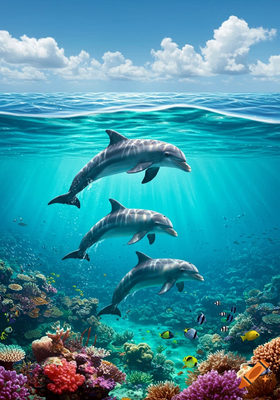 Three dolphins swim downwards through clear blue ocean water, illuminated by sunbeams, above a vibrant coral reef teeming with colorful fish.