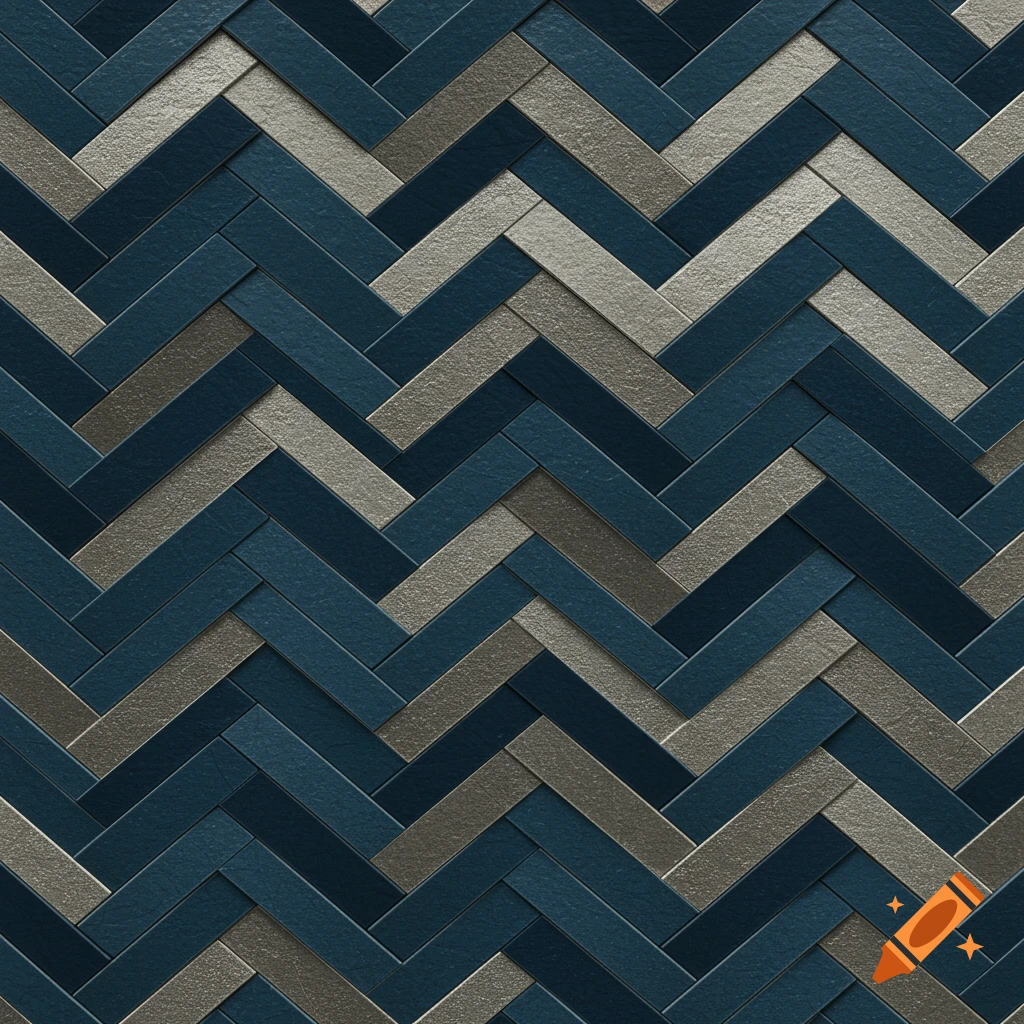 A seamless herringbone pattern featuring interlocking strips in dark blue and textured silver.