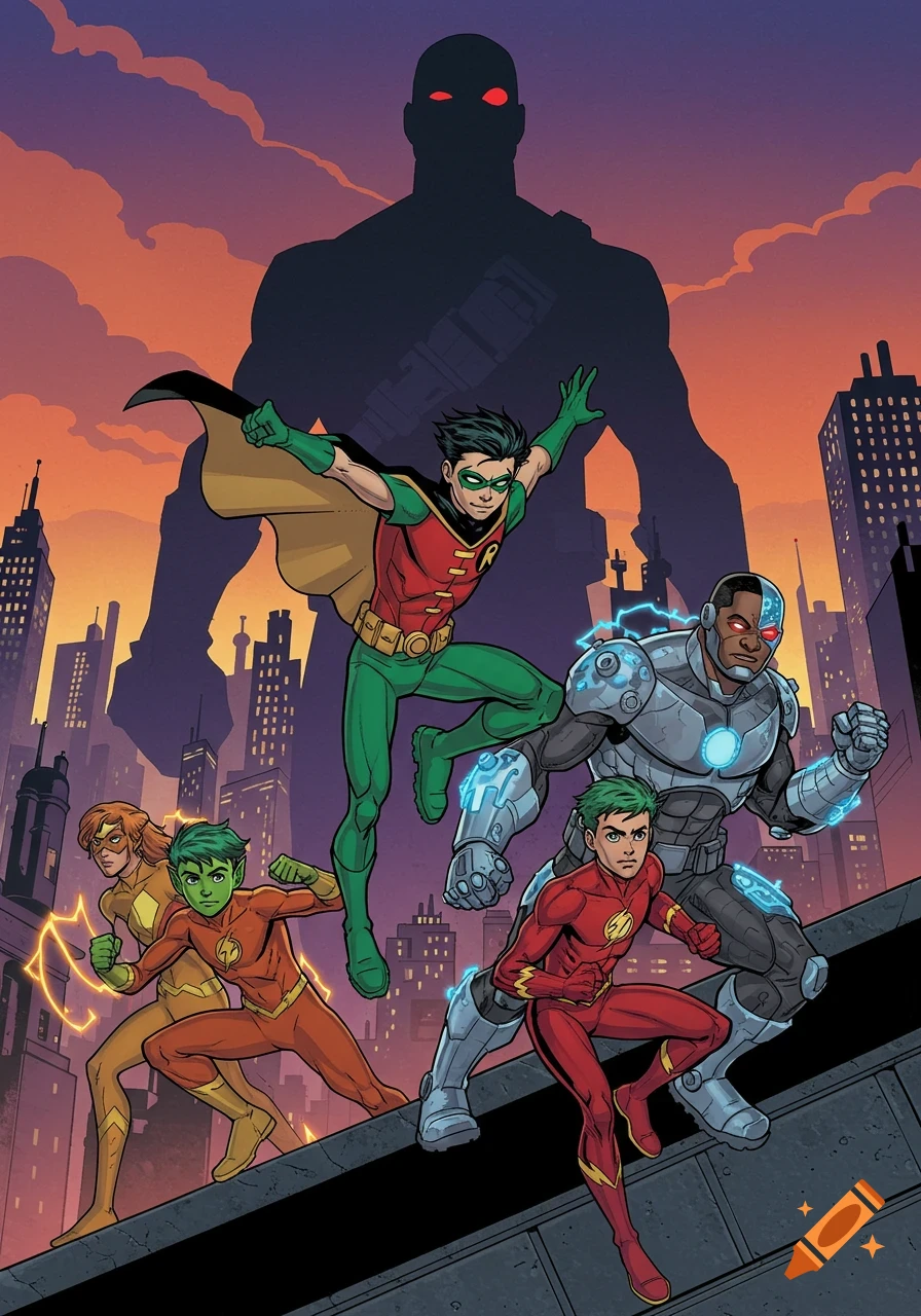 Comic art of Teen Titans heroes Robin, Cyborg, Kid Flash, Beast Boy, and Wonder Girl posing heroically against a city skyline at dusk with a large shadowy figure looming above them.