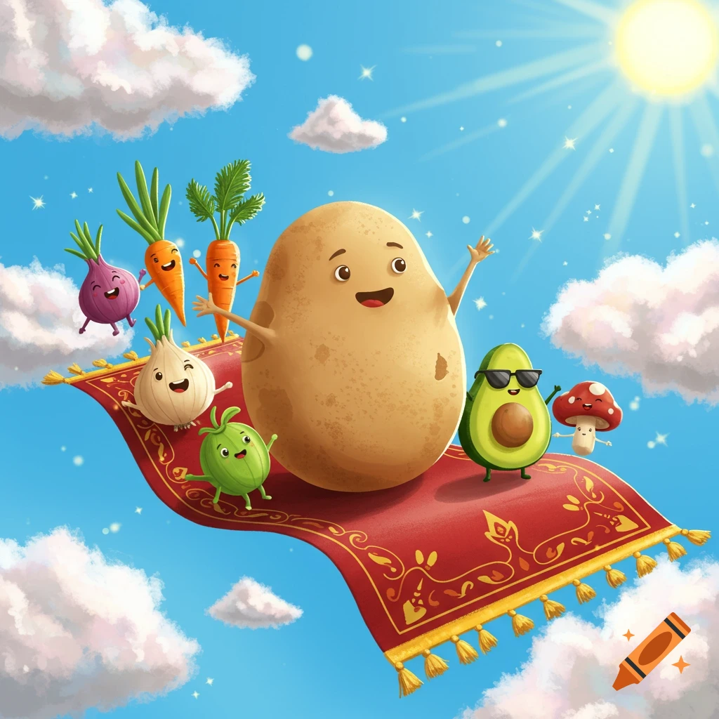 A happy cartoon potato flies on a red magic carpet in a sunny sky with smiling vegetable friends like onions, carrots, and an avocado.