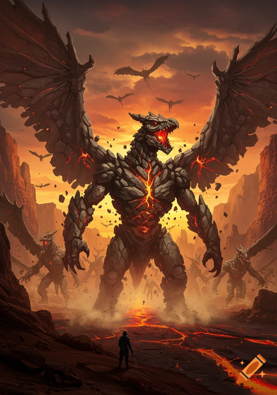 A warrior confronts an army of colossal rock-lava monsters and flying creatures in a fiery canyon under an orange sky.