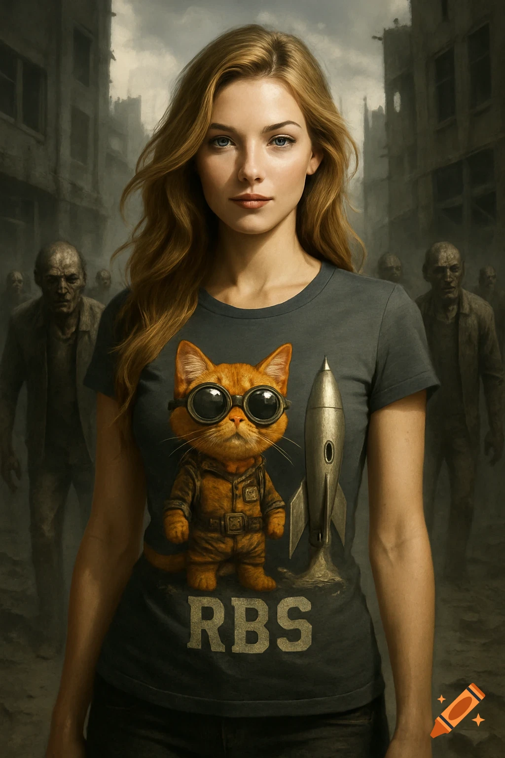 A photorealistic portrait of a blonde woman in a zombie-apocalypse setting, wearing a t-shirt with an orange cat in goggles and a rocket.