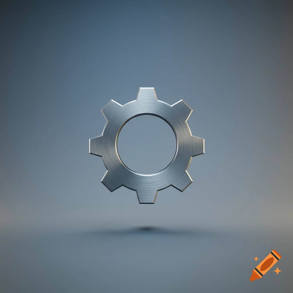 A shiny metallic gear icon with brushed metal texture, floating slightly above a grey surface with a subtle reflection.