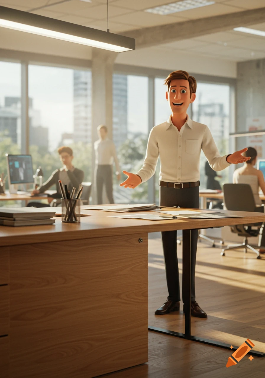 A smiling cartoon man in a white shirt stands with open hands in a modern, brightly lit office with desks and other people.