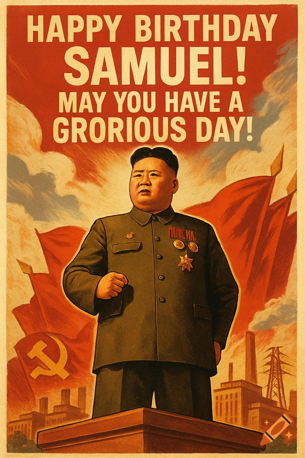 Vintage North Korean style propaganda poster of Kim Jong Un, standing with a clenched fist, with text 'Happy Birthday Samuel! May you have a grorious day!'