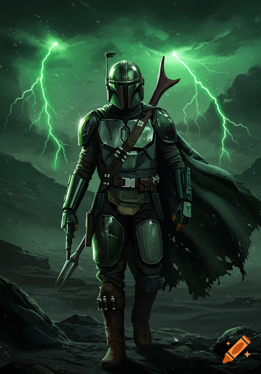 A Mandalorian warrior in green armor and a dark cape stands on a rocky landscape with bright green lightning striking in the stormy sky.