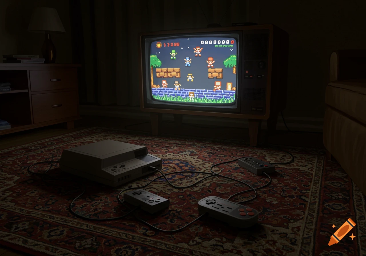 A retro TV displays a pixelated video game with a console and controllers on an ornate rug in a dimly lit room.