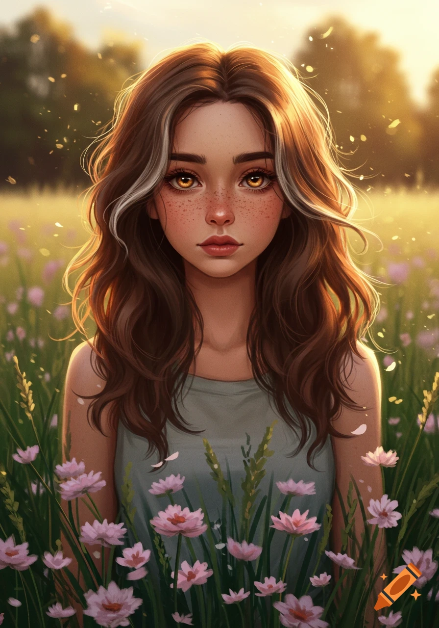 Stylized portrait of a young woman with brown hair, white tips, and golden eyes with freckles, standing in a field of pink flowers at sunset.