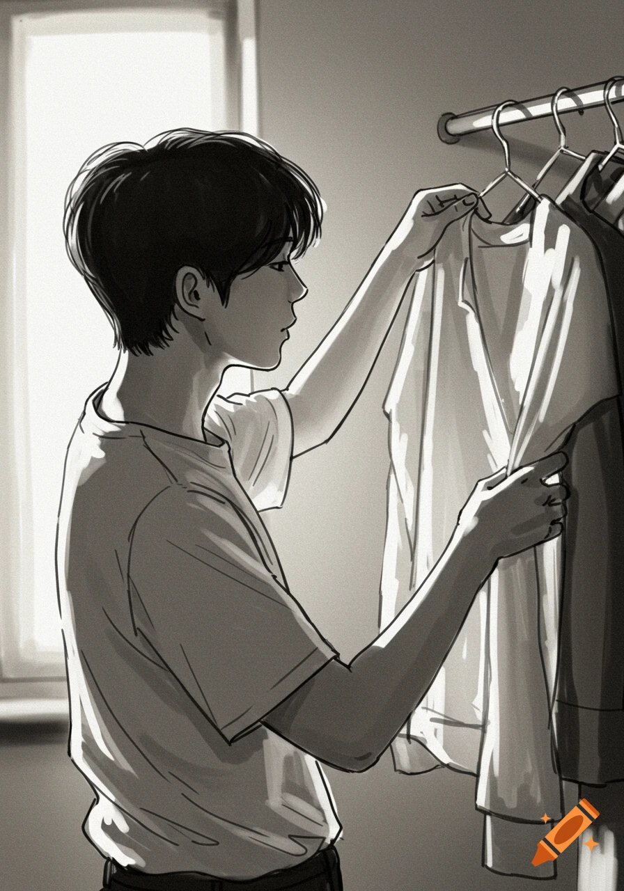 A black and white sketch of a person hanging clothes on a rail by a window.