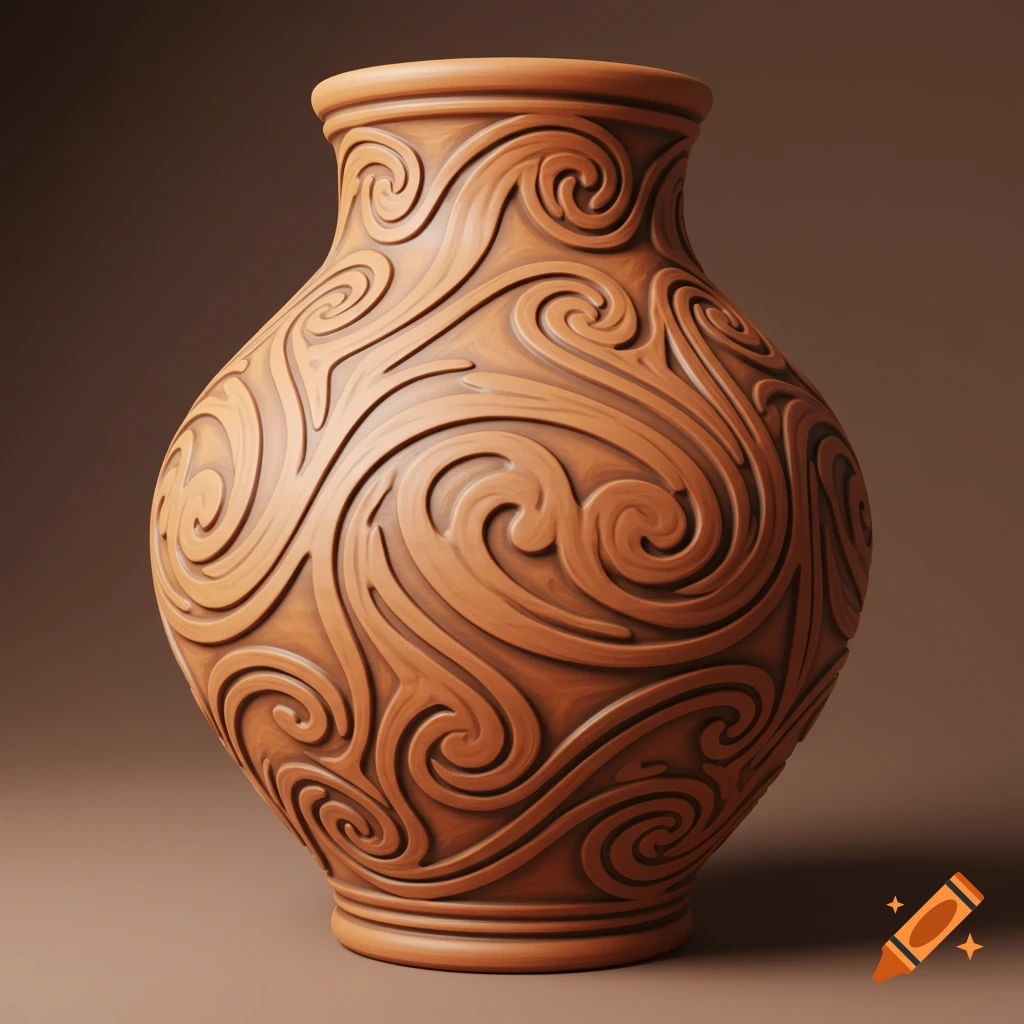 A terracotta-colored clay vase with intricate swirling patterns carved into its surface.