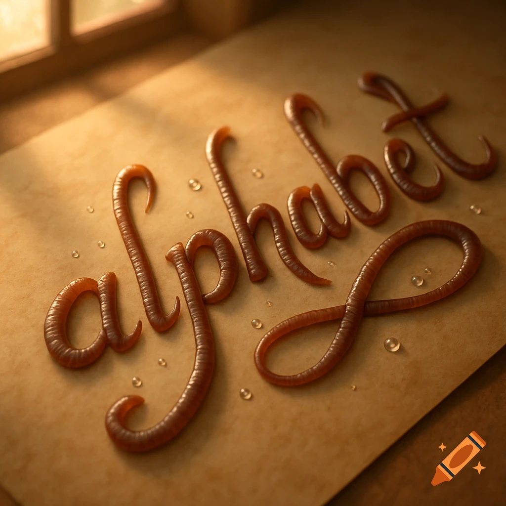 The word 'alphabet' formed by shiny, segmented worm-like letters on textured paper with water droplets.