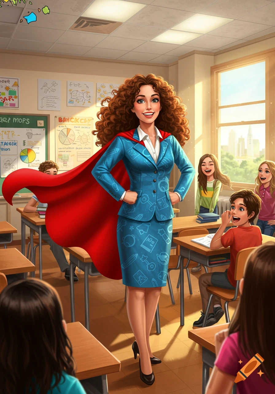A superhero teacher with curly brown hair and a red cape smiles in a lively classroom filled with attentive students. Vibrant illustration.