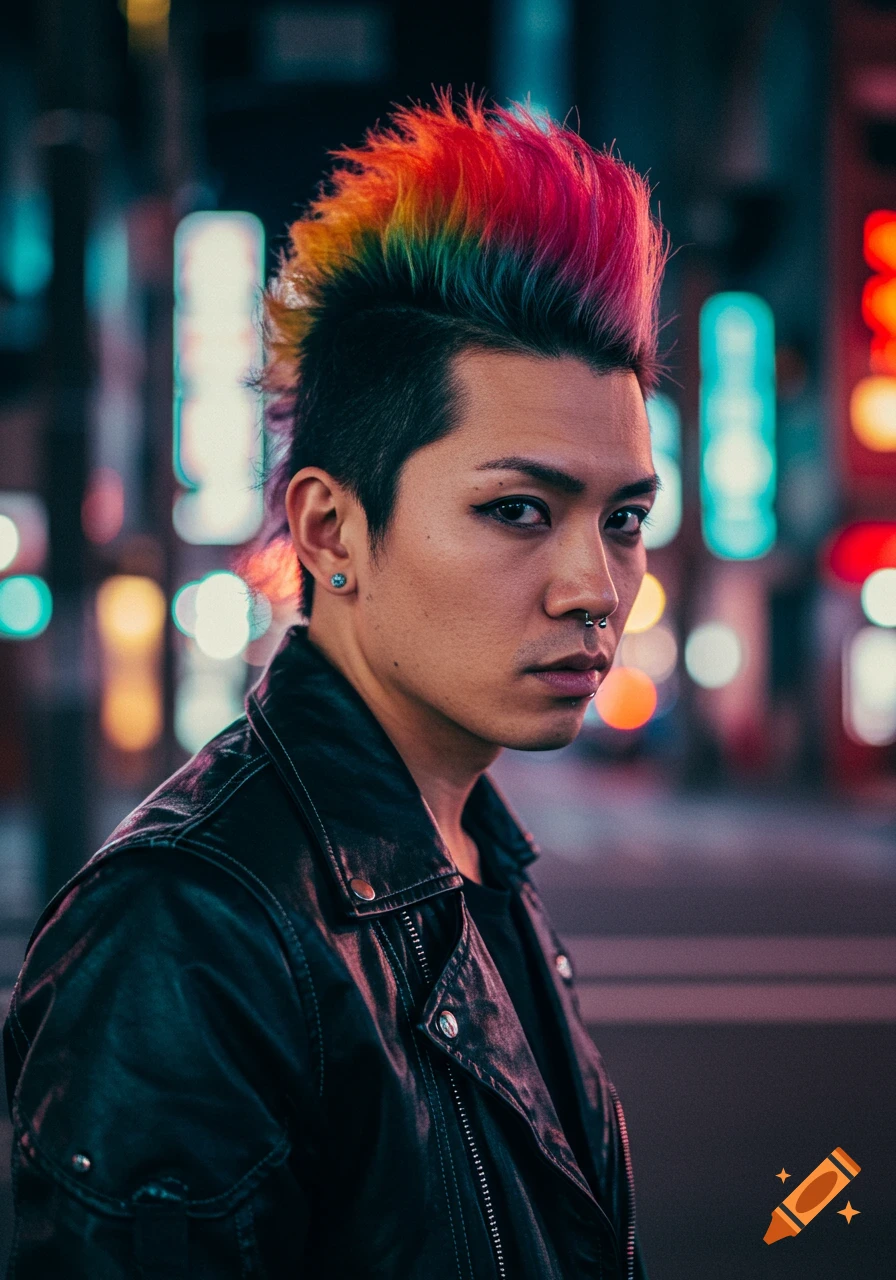 A man with a rainbow fauxhawk, leather jacket, and nose ring looks forward against a blurred city lights background.