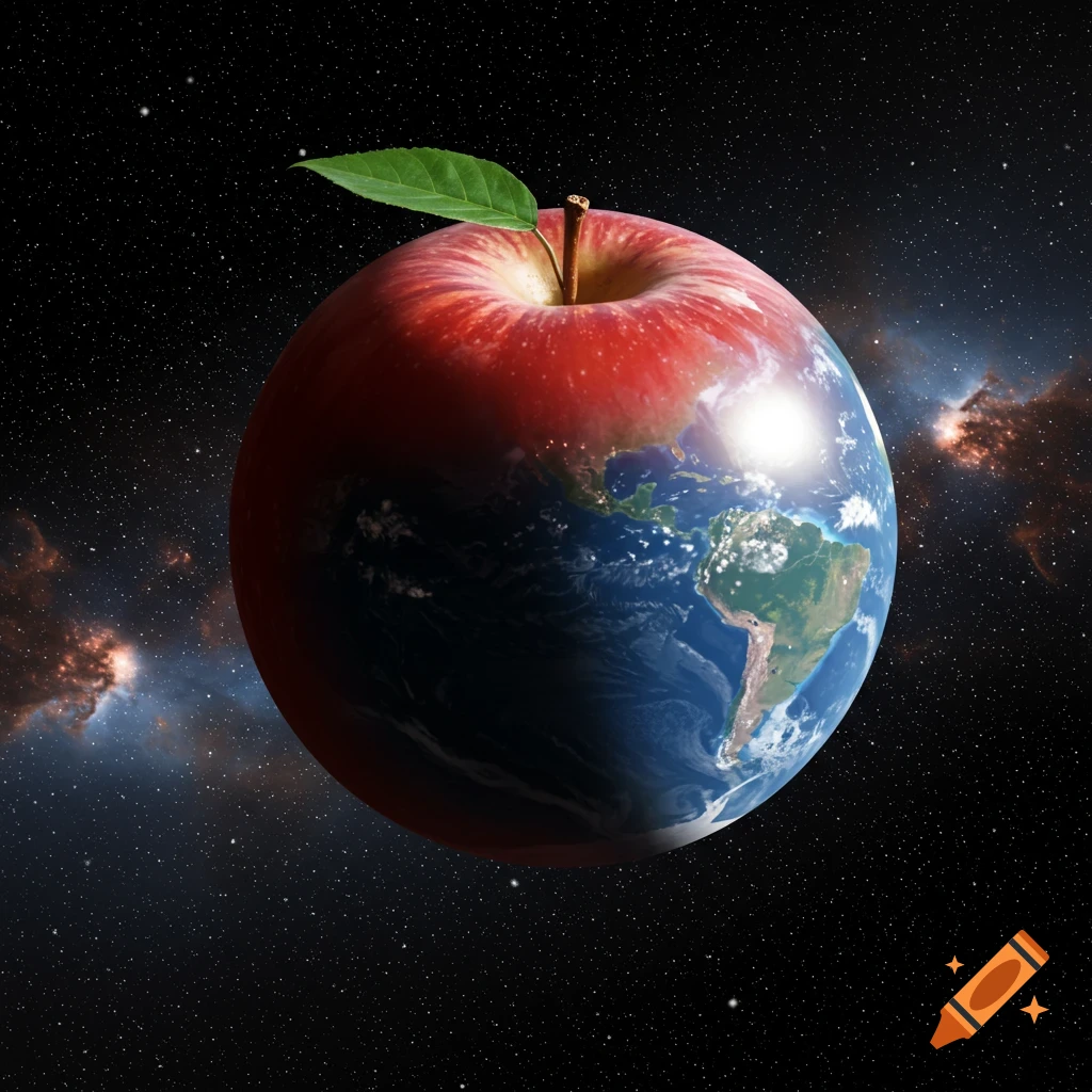 A photorealistic image of a red apple, half-transformed into the Earth with continents and oceans, floating in dark deep space with stars and nebulas.