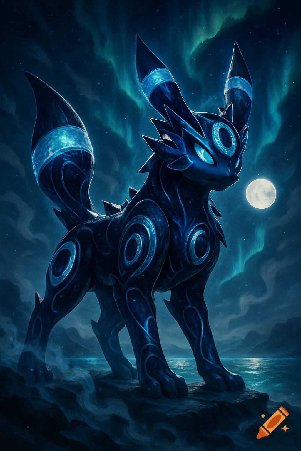 A stylized, dark blue Umbreon with glowing blue markings stands on a rock by the sea under an aurora-lit night sky with a full moon.