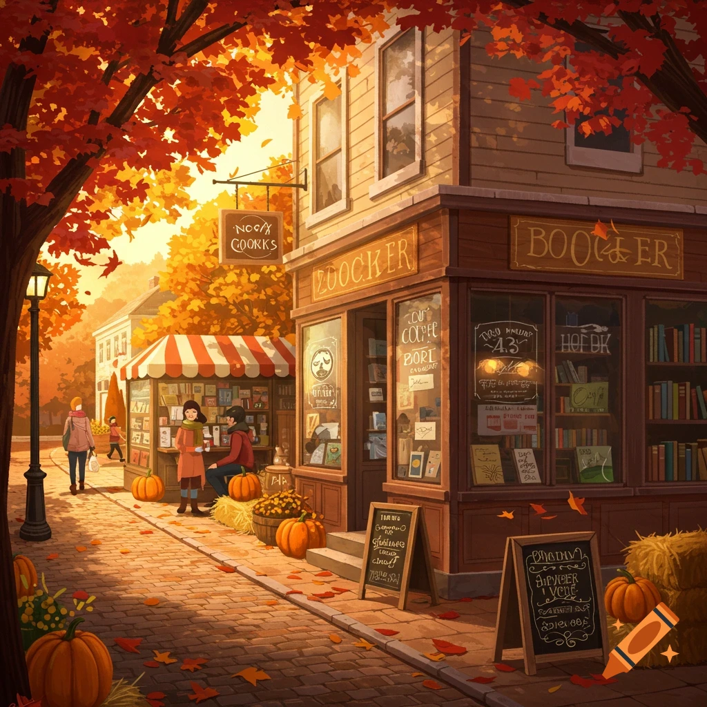 An idyllic autumn street scene with a charming bookstore and market stall, adorned with pumpkins and fall leaves, as people stroll by in warm sunlight. Illustrated style.