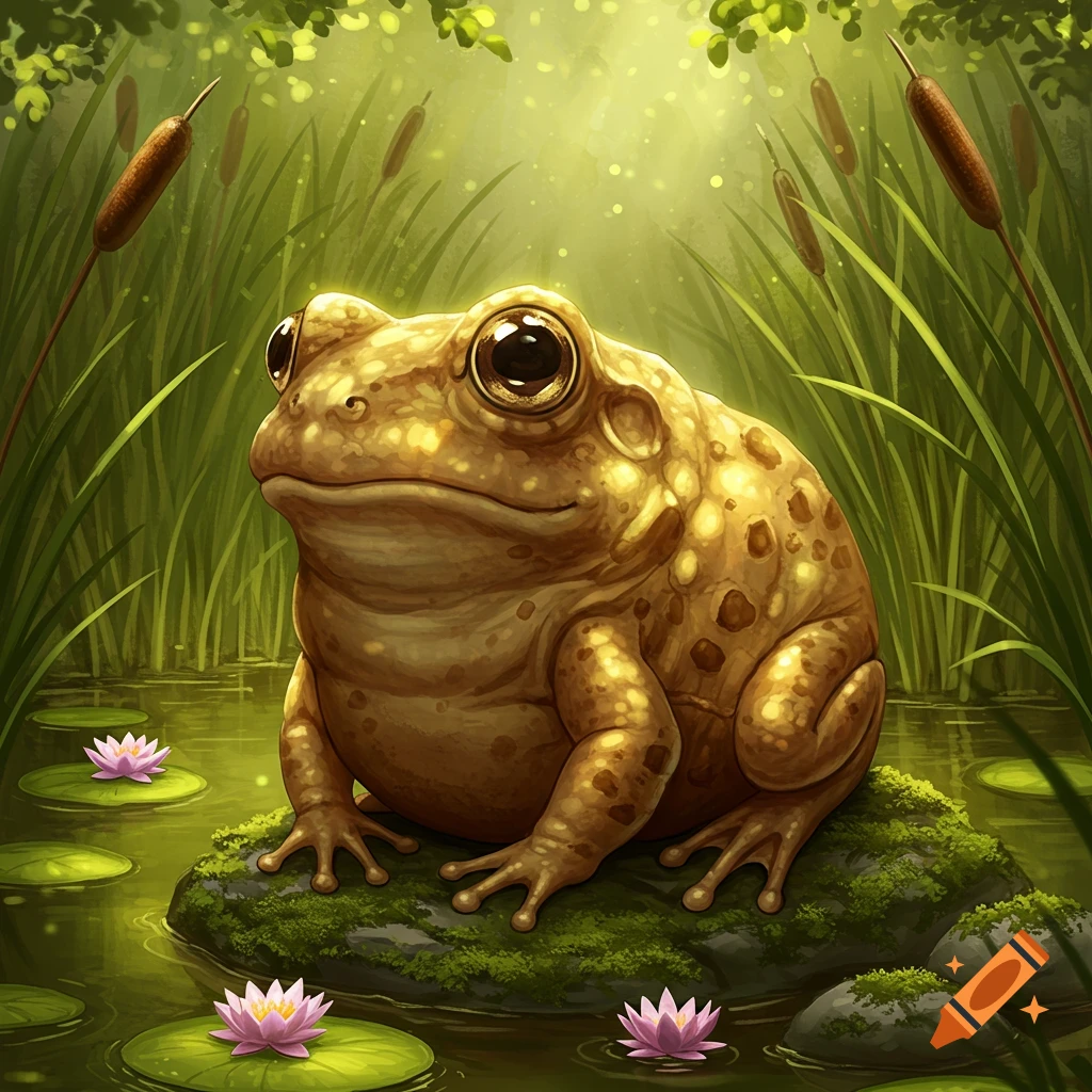 A golden, potato-shaped frog on a mossy rock in a sunny pond with pink lily pads and tall green reeds, in a stylized illustration.