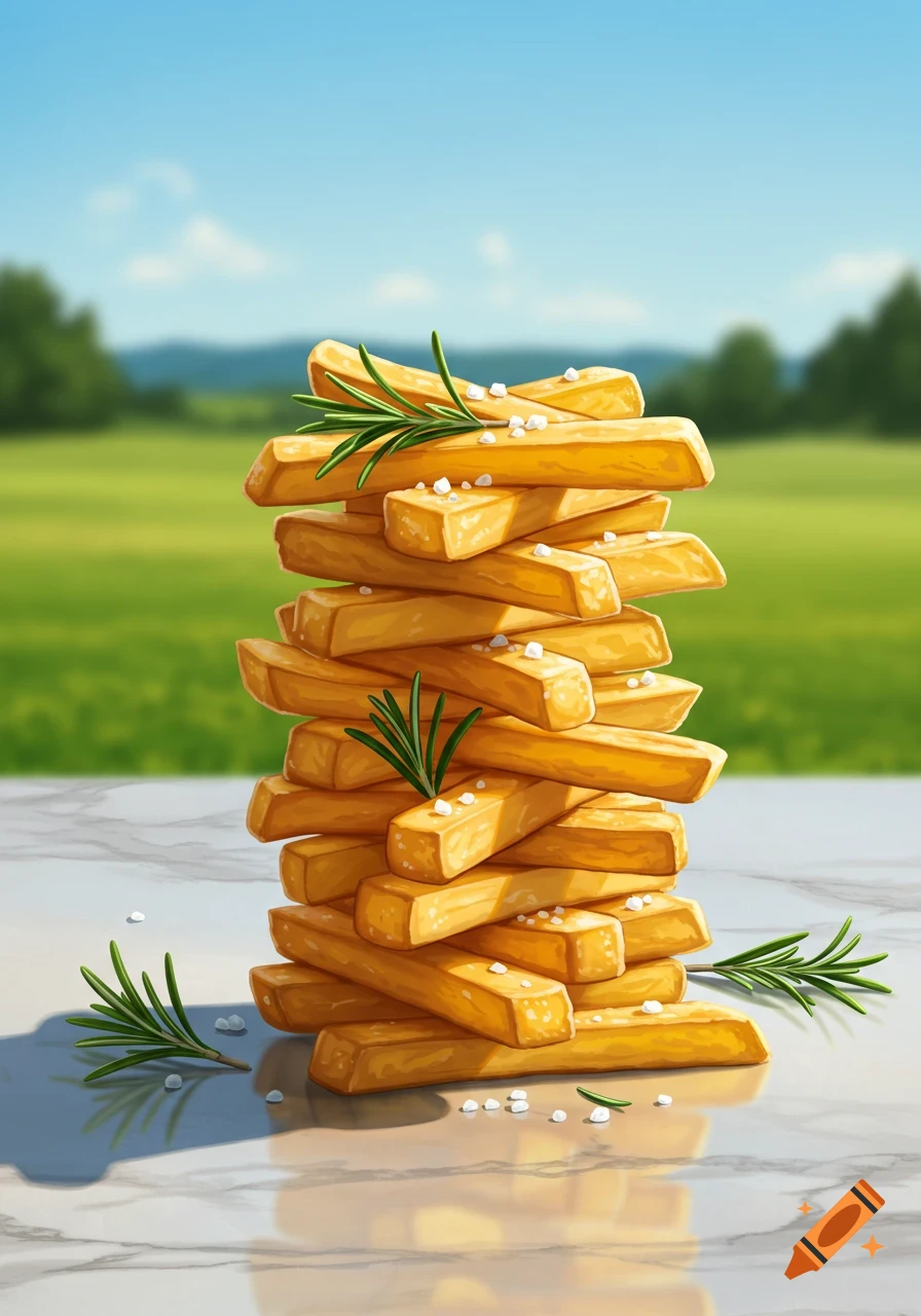A tall stack of golden french fries with rosemary and salt on a marble table outdoors in a bright green field, illustration.