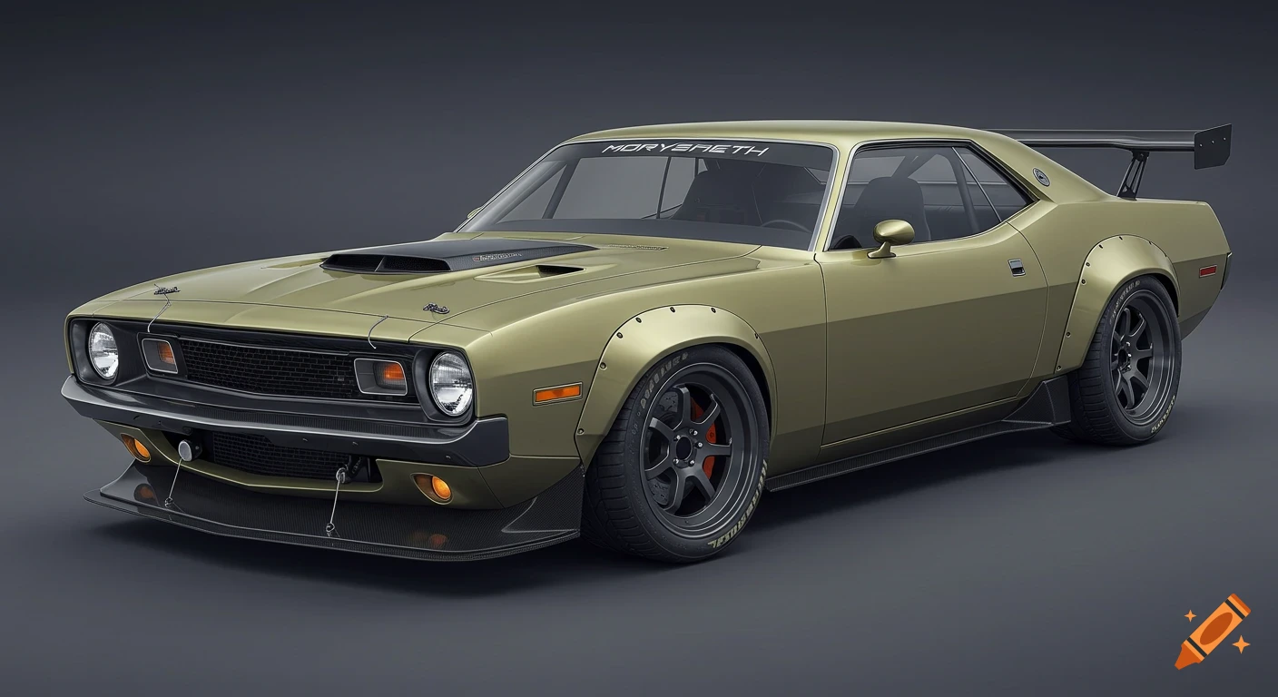 Gold modified 1970 Plymouth Cuda with wide body kit, front splitter, and rear wing on a dark background.