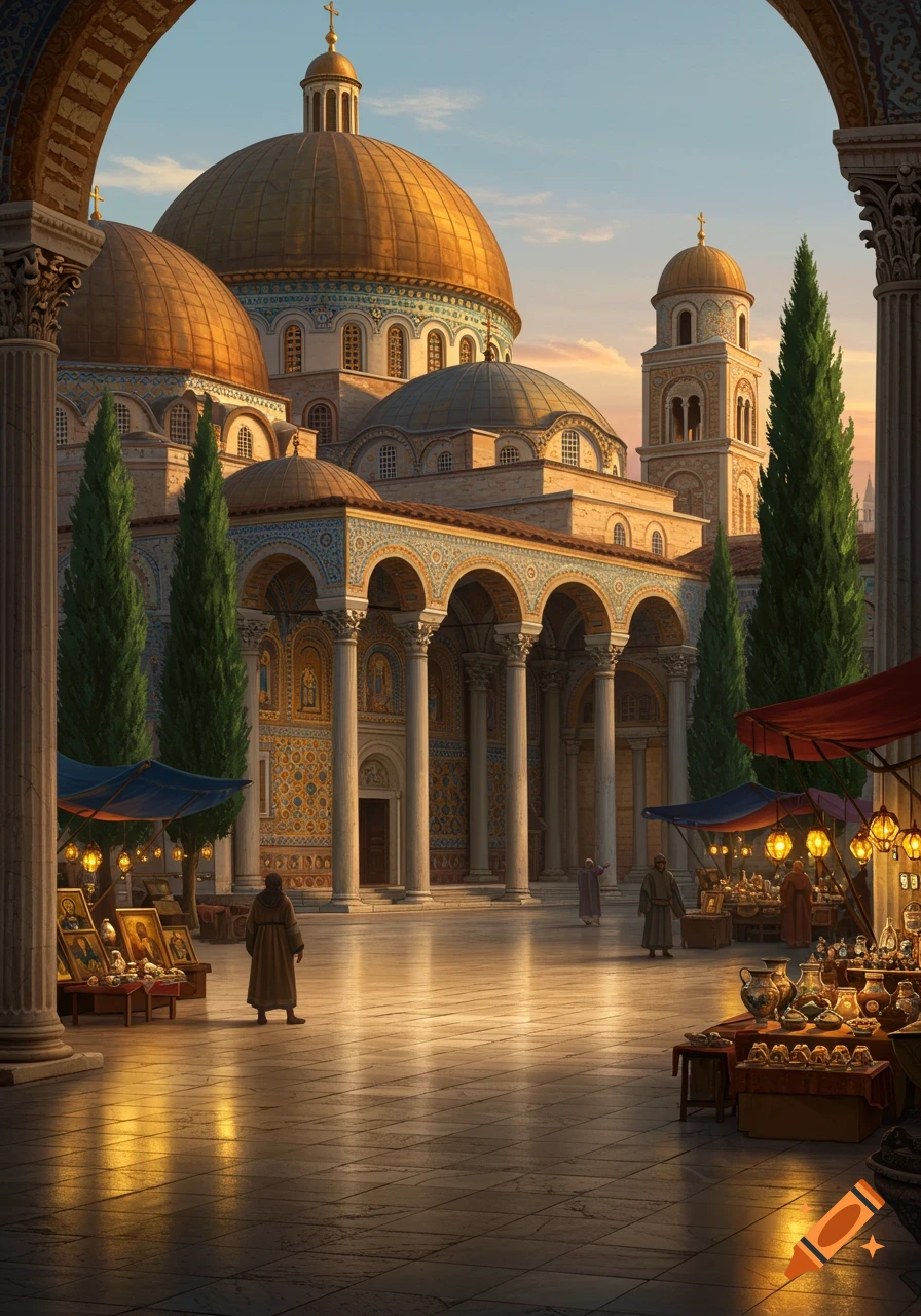 A grand Byzantine-style basilica with golden domes overlooks a sunlit marketplace with robed figures browsing stalls under arches.