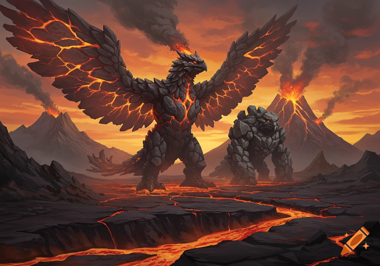 Two massive rock and lava monsters in an erupting volcanic landscape with lava rivers, digital fantasy art.