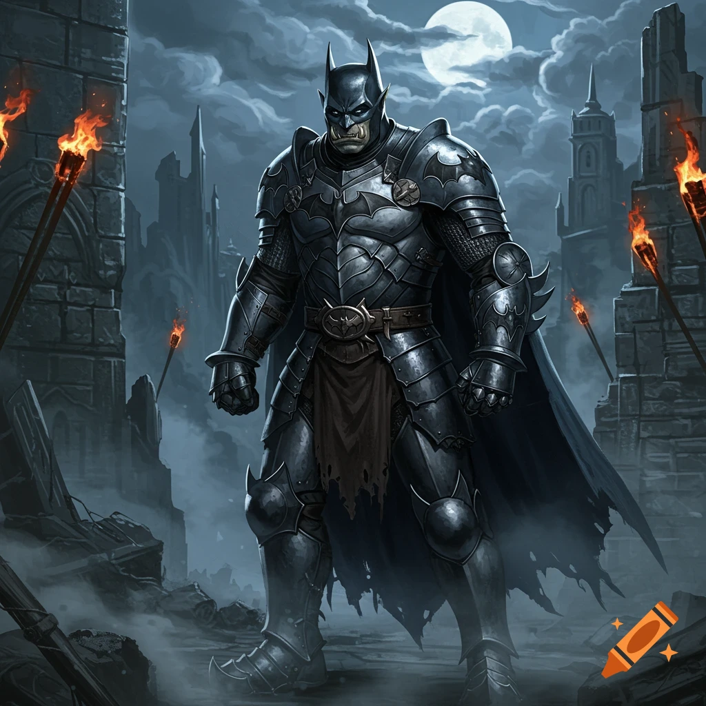 A fierce orc warrior in dark, medieval Batman armor stands in a ruined city at night, under a full moon and torchlight.