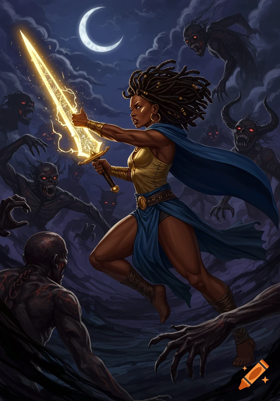A dark-skinned woman with dreadlocks in ancient attire, wielding a glowing sword against shadowy demonic figures under a crescent moon.
