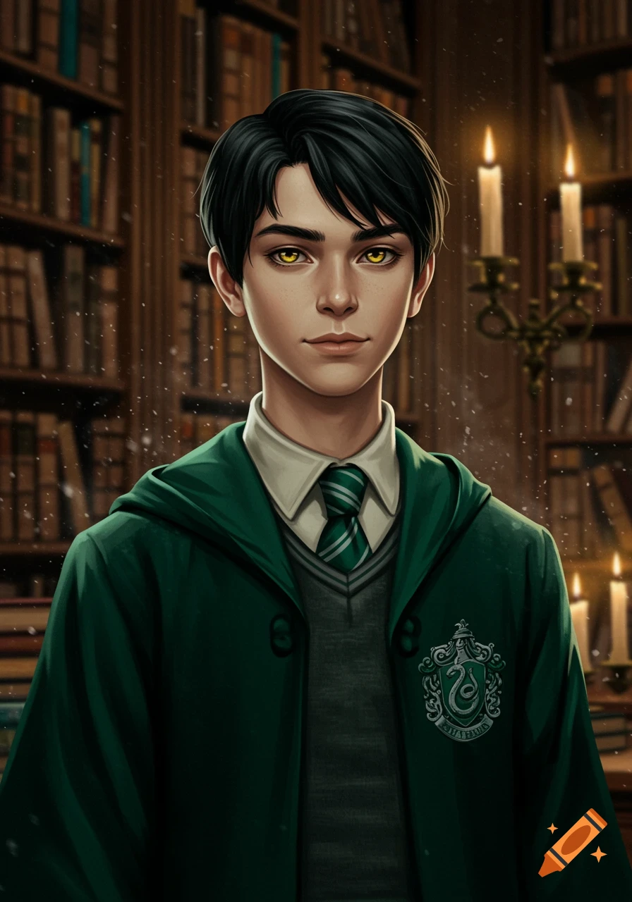 Digital art portrait of a young male Slytherin student with black hair, glowing yellow eyes, and a green uniform, in a library.