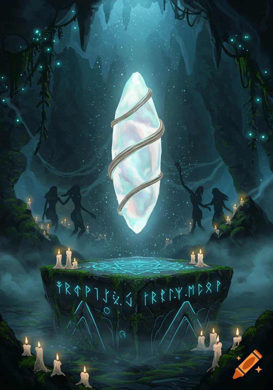 A glowing pearly white crystal hovers above a rune-carved stone pedestal in a dark, mystical cave with shadowy figures and candles.