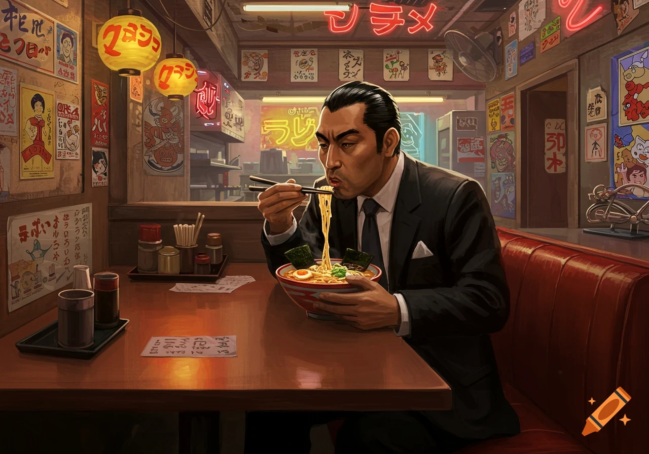 A man in a suit intensely eats ramen with chopsticks at a rustic Japanese restaurant booth, surrounded by detailed posters and neon signs in a digital art style.