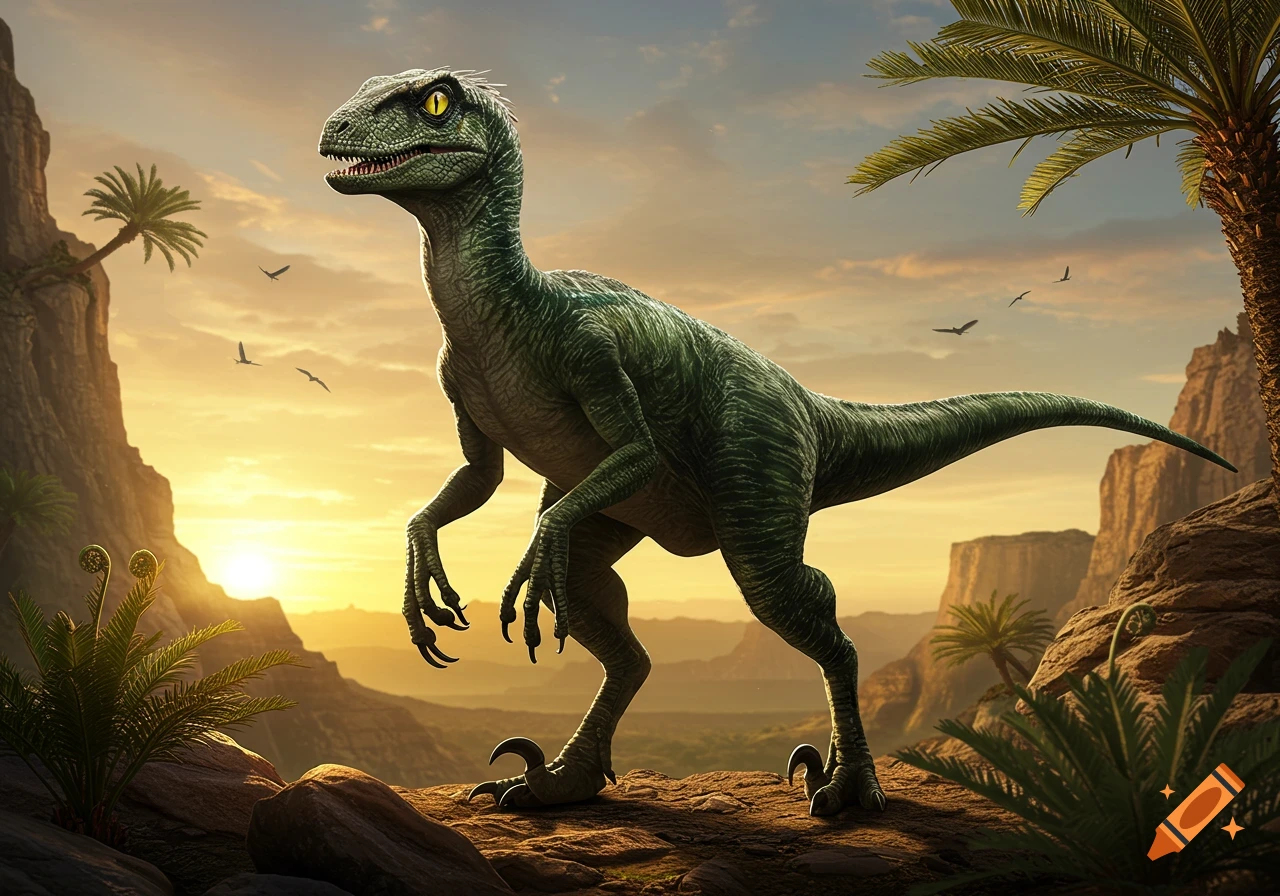 Photorealistic green Utahraptor stands on rocks in a prehistoric desert landscape with palm trees and mountains at sunset.