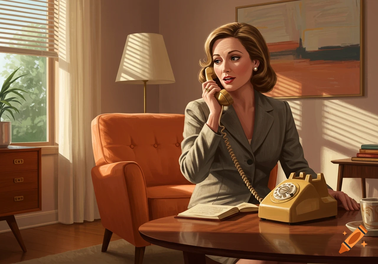 A woman in a grey suit speaks on a vintage yellow rotary telephone in a sunlit retro-style living room.
