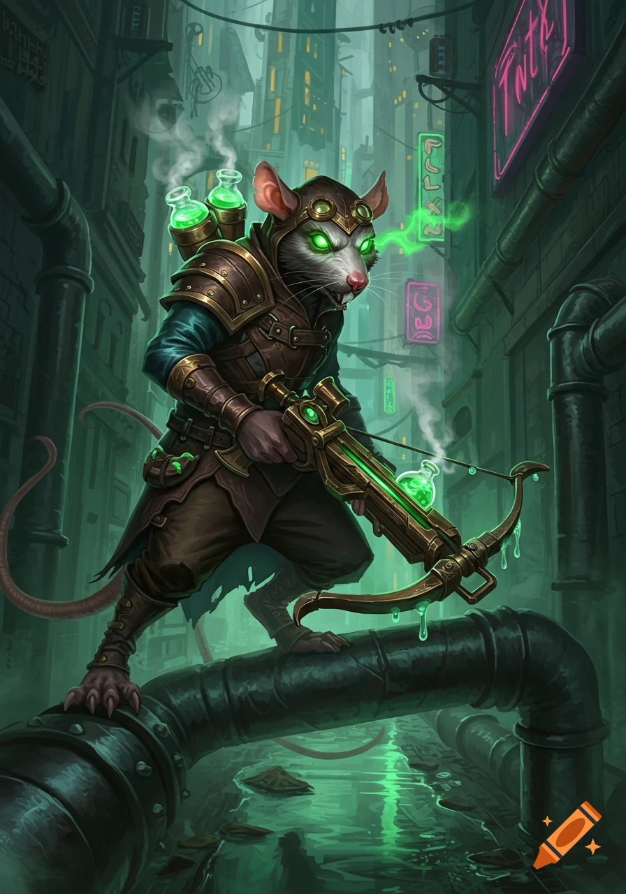 An armored anthropomorphic rat with glowing green eyes and crossbow stands on a pipe in a dark, neon-lit alleyway.