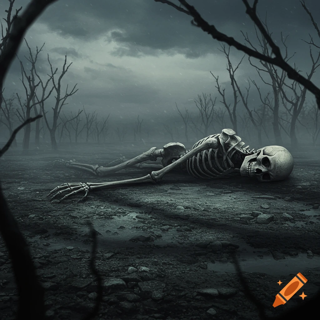 A photorealistic skeleton lies on its side with an outstretched arm on muddy ground in a desolate, misty forest under a stormy, dark sky.