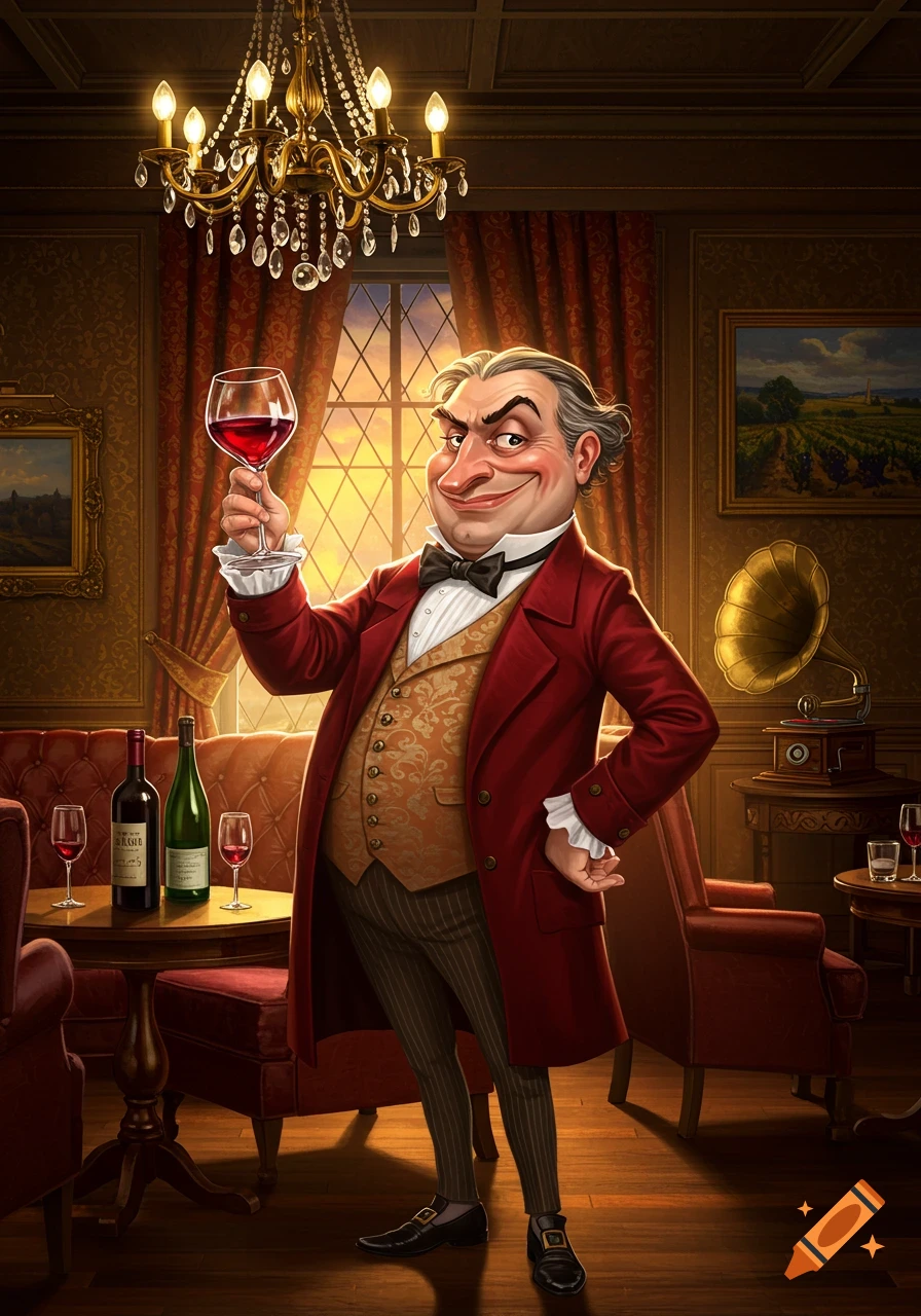 A cartoonish man in a red coat holds up a glass of red wine, smiling sarcastically in a luxurious, dimly lit room.
