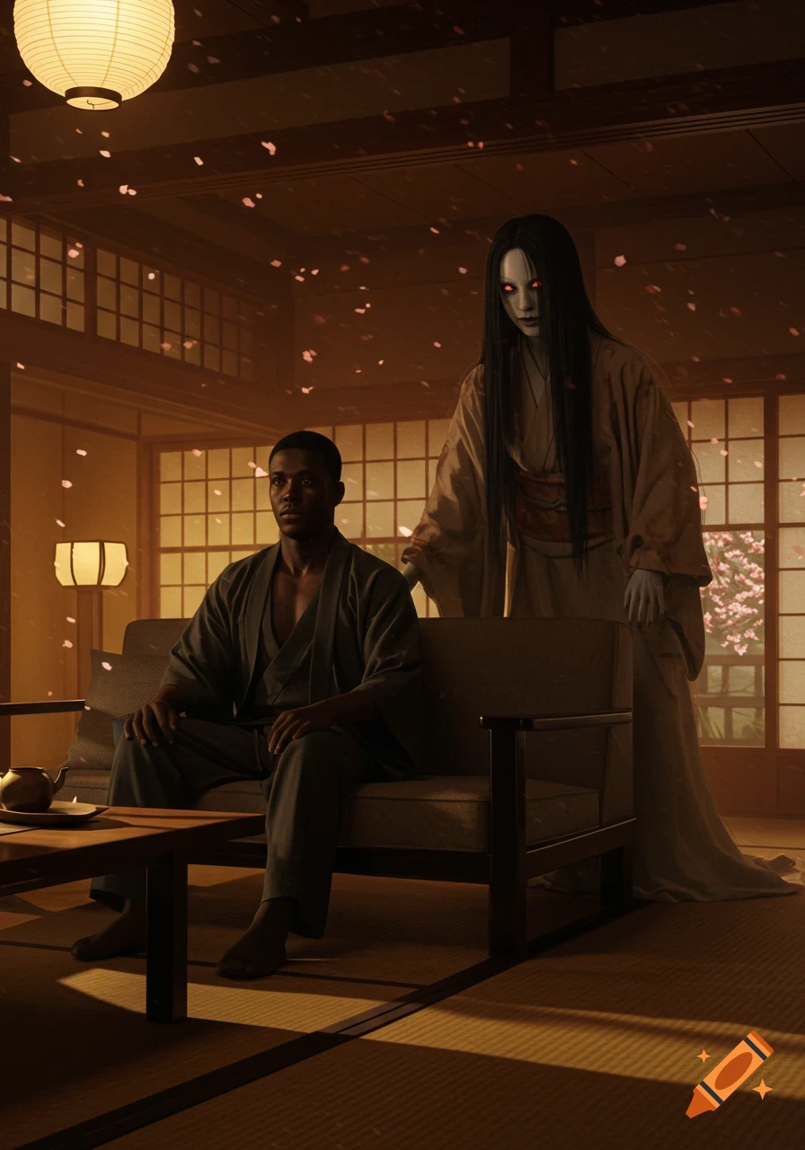 A black man sits on a couch in a dimly lit traditional Japanese room, unaware of the pale-faced onryō with long black hair and red eyes lurking behind him. Photorealistic.