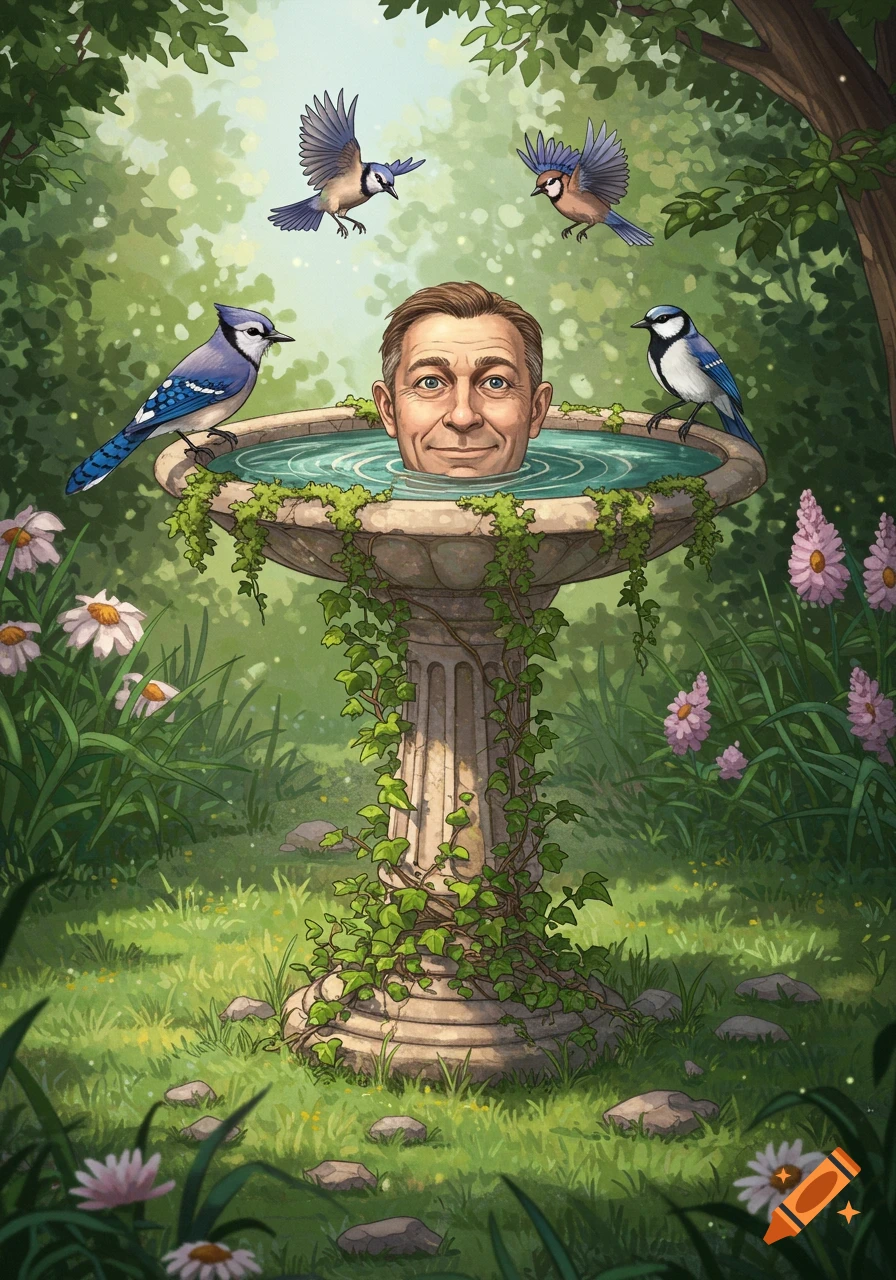 Illustrated scene of a man's head in a stone birdbath, surrounded by blue jays and lush garden foliage.