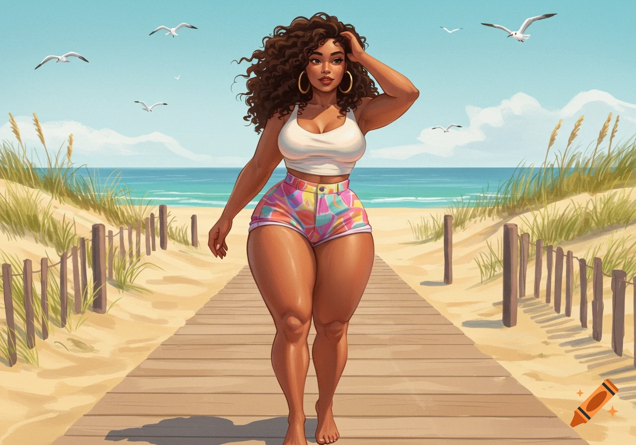 An illustrated woman with curly brown hair, wearing a white crop top and colorful shorts, walks barefoot on a wooden boardwalk at a sunny beach.