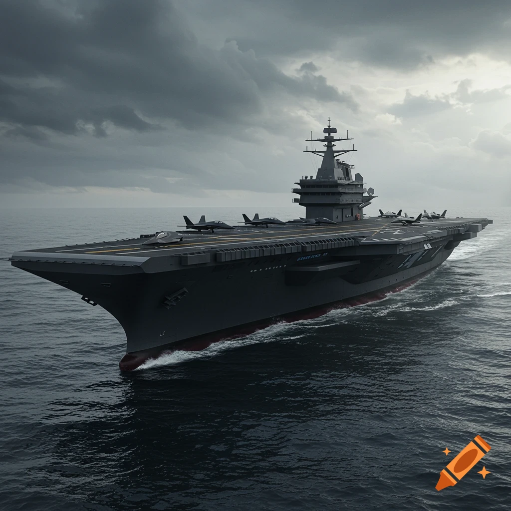 A large, futuristic stealth aircraft carrier sails on choppy gray seas under a cloudy sky, with several fighter jets on deck.