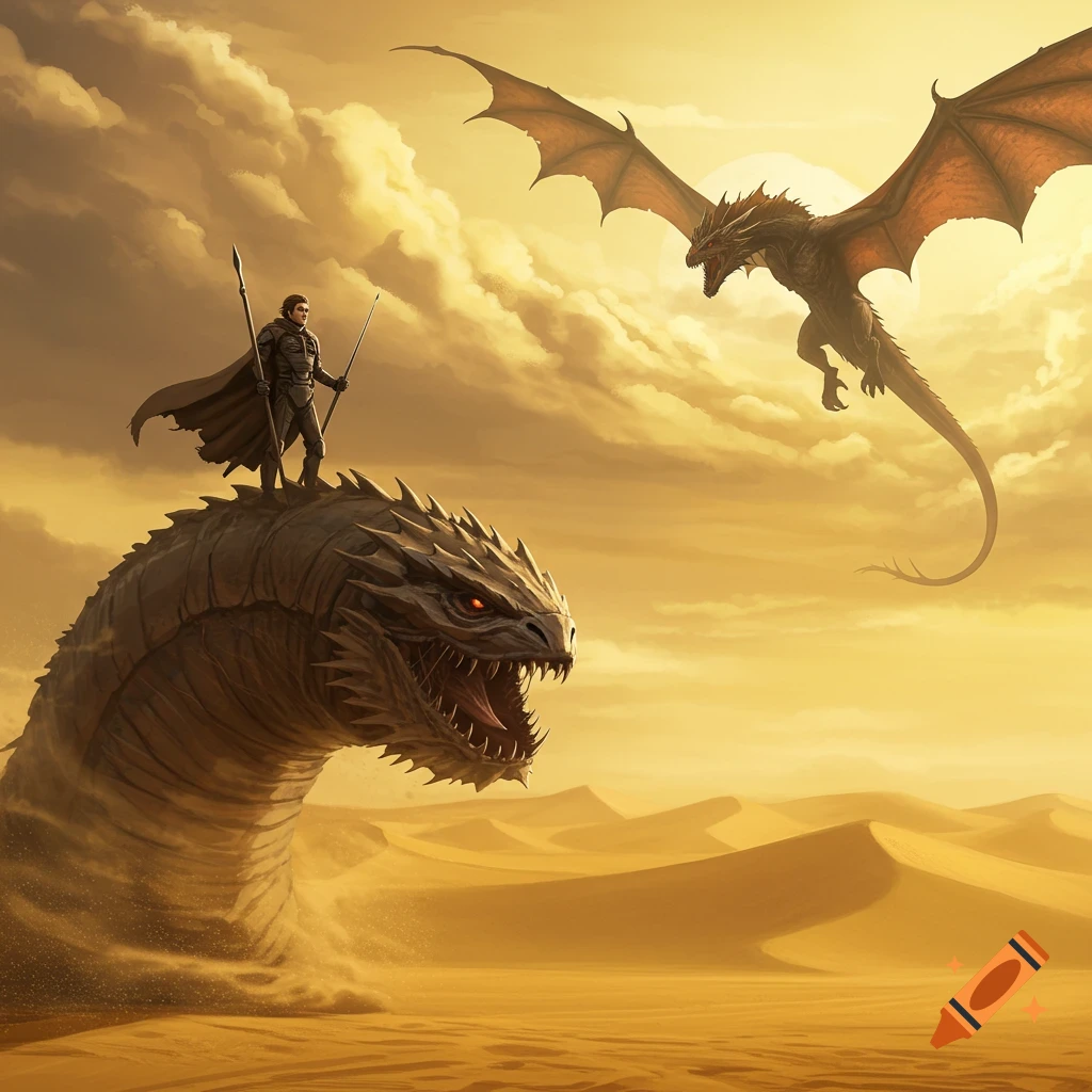A male warrior on a colossal sand worm confronts a flying dragon in a golden desert under a cloudy sky.